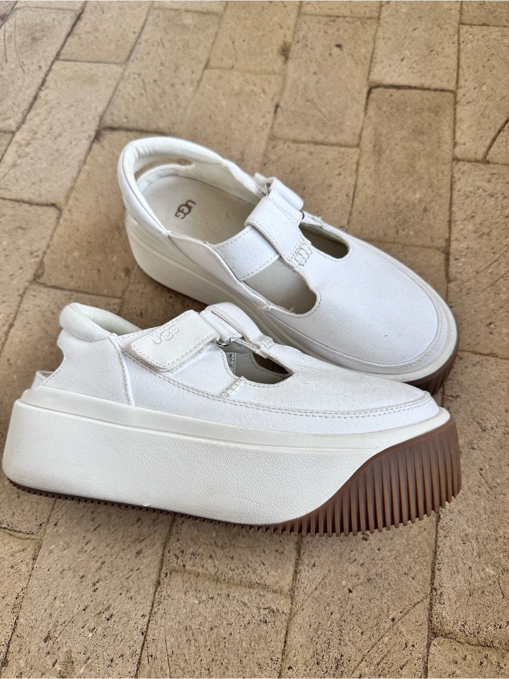 UGG White Platform Mary Jane Sneakers with Brown Outsole